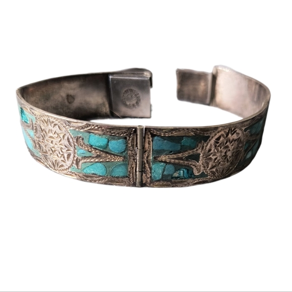 Vintage Mexico Sterling Silver & Crushed Turquoise Inca/Mayan Panel Bracelet - Picture 2 of 13